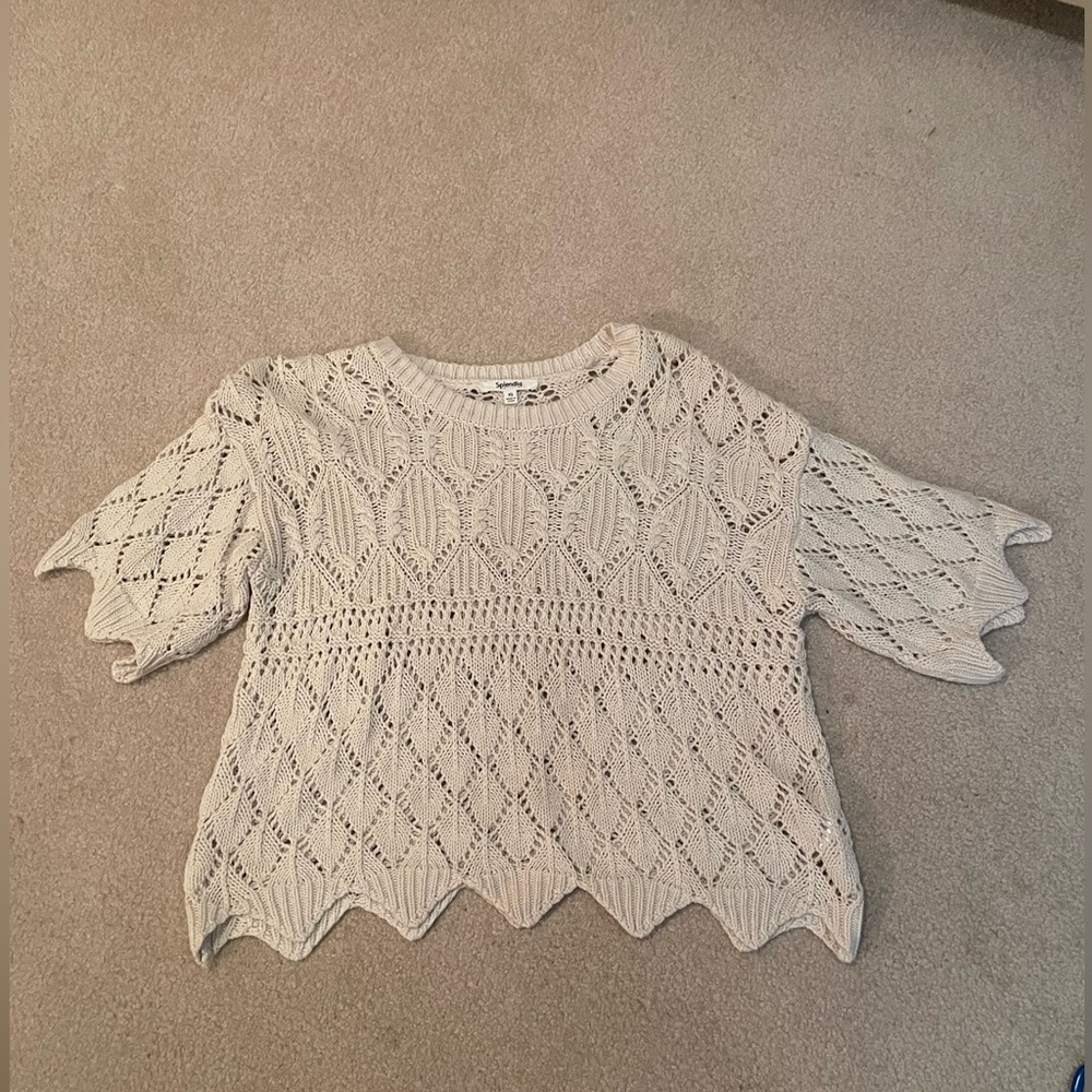 Splendid Ivory Cropped Scalloped Crochet Knit Sweater